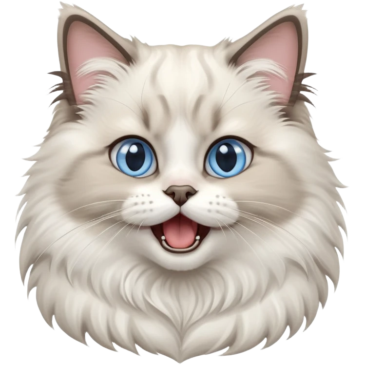 cinematic-adorable-big-eyed-fluffy-ragdoll-cat-portrait-emoji,-head-tilted-playfully-with-a-cute,-yawn,-white and grey fur,-simplified-yet-irresistibly-cute-features, blue eyes emoji