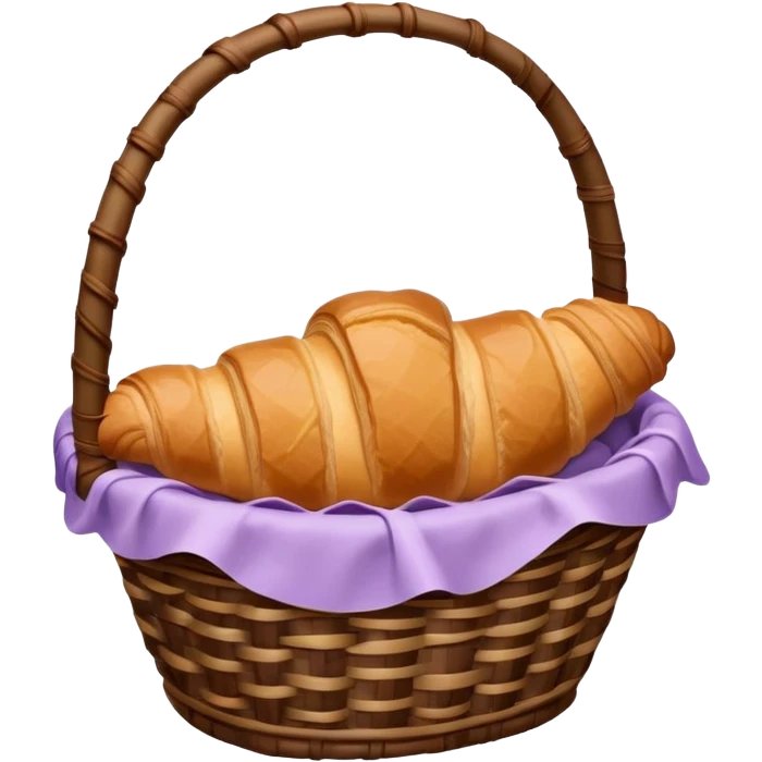 There is a croissant with chocolate syrup in a wicker pale purple basket. emoji