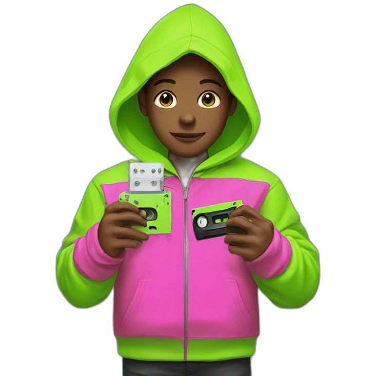 boy in neon green hoodie with cassette in his hand emoji