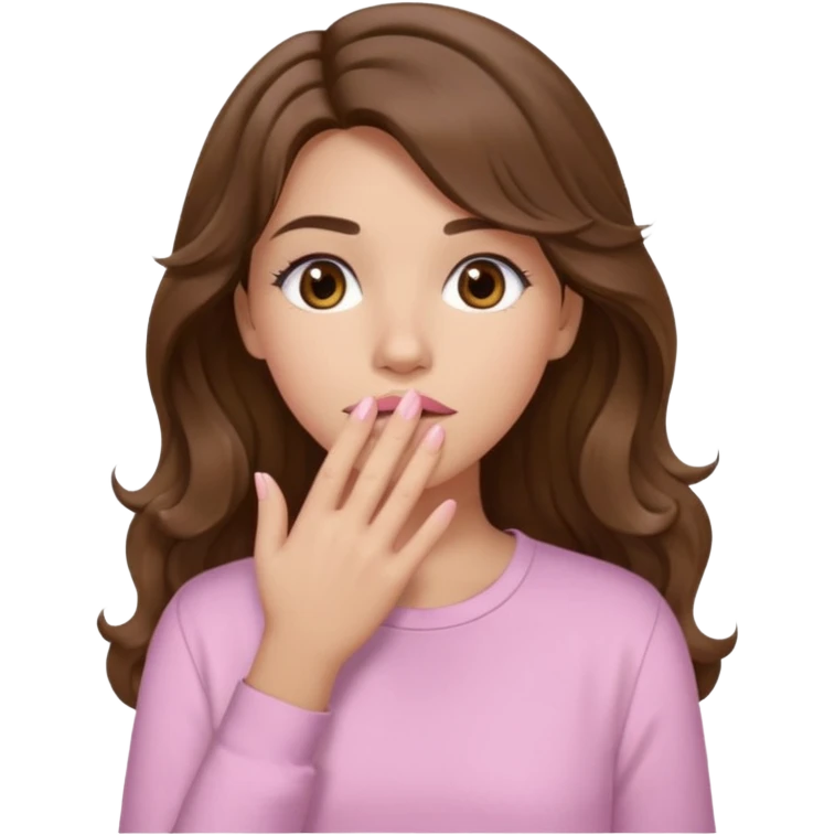 girl with wavy long brown hair, brown eyes, light to medium complexion, long lashes, light pink lipstick, wearing light pink shirt, sexy, hand covering mouth emoji
