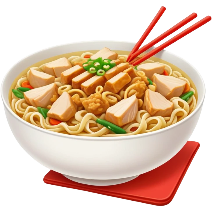 Xinjiang Big Plate Chicken Noodles with wide hand-pulled noodles and chicken chunks, simplified emoji style with bold outlines and bright colors, cartoon style Da Pan Ji with noodles emoji