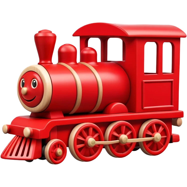 A cute wooden toy train with a cheerful face and rosy cheeks emoji