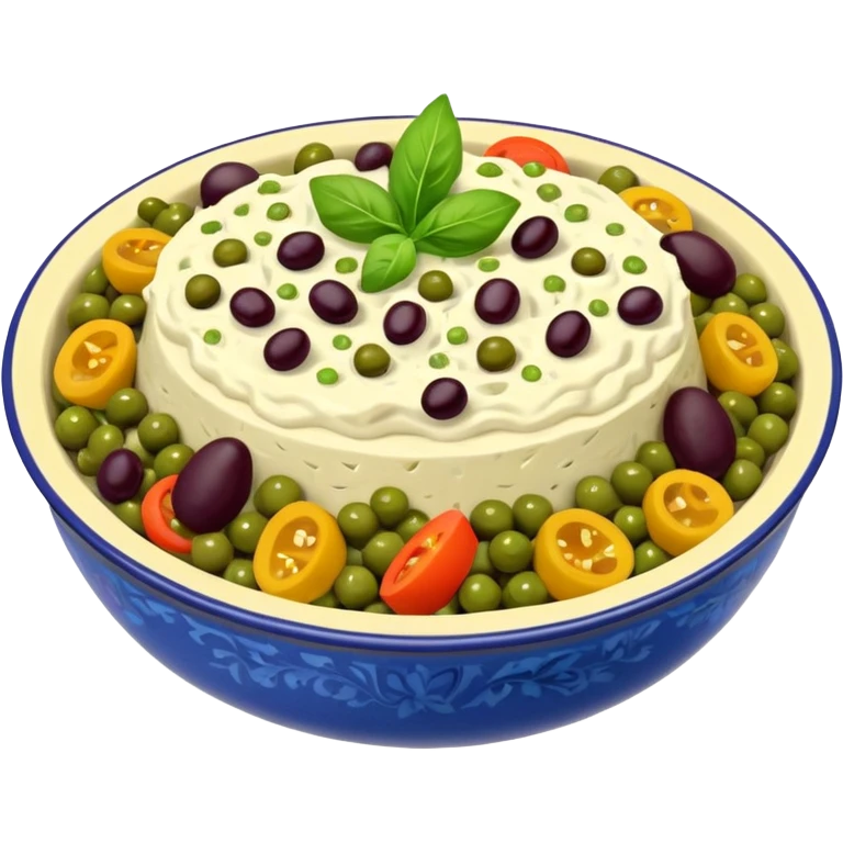 Salată de boeuf: a Romanian festive salad made with finely chopped boiled vegetables, pickles, peas, and beef or chicken, all mixed with mayonnaise and decorated with olives and pickles. emoji