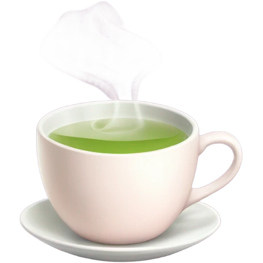 a white cup of steaming green tea with a light-pink teabag tag emoji