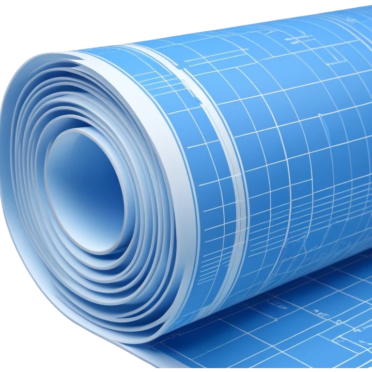 side perspective of a blue rolled-up blueprint plan with white lines emoji