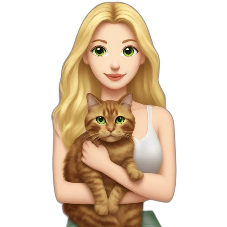 woman with green eyes and long blonde hair and big boobs is holding a very fluffy and fat tortoiseshell cat emoji