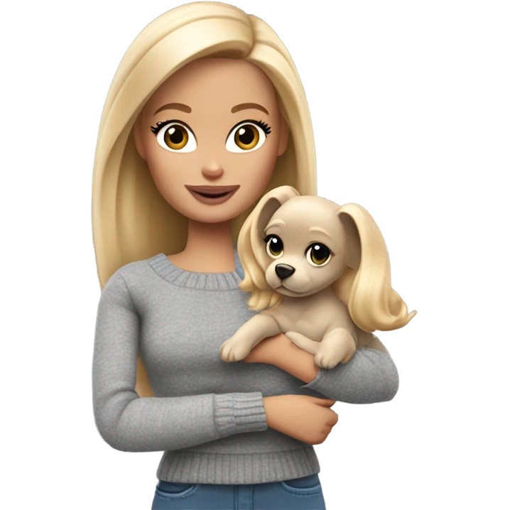 Blonde Barbie wearing gray sweater, holding Grogu emoji