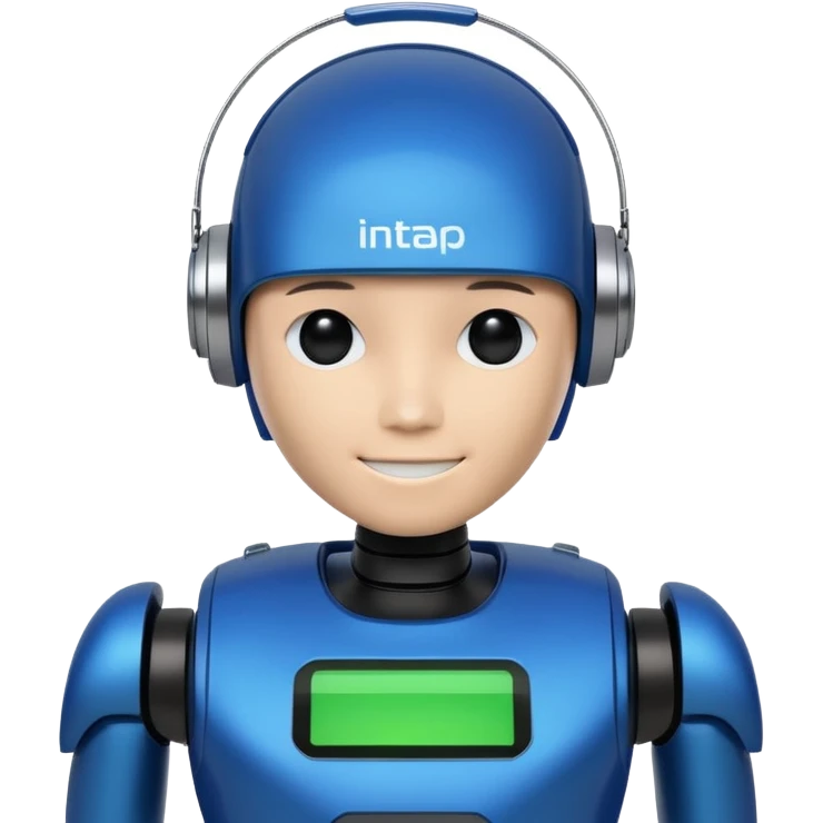 A sleek, very meme robot avatar designed in a modern tech style. The robot has an LED display face showing a subtle smile, and its body is detailed using Intapp brand colors:

Intapp Blue (#207CEC)
Bright Green (#22ECCF)
Dark Blue (#003C80)
Black (#021123) emoji