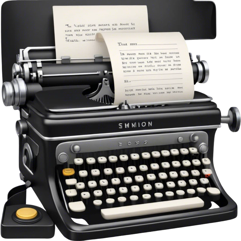 Create an emoji representing screenwriting. The design should feature an open script with visible dialogue and action lines, symbolizing the writing of a screenplay. Include a classic typewriter to signify the process of creating a script and a movie camera behind . Use a professional color palette with black, white, and subtle metallic tones. Do not include any emojis or smiley faces. Make the background transparent. emoji