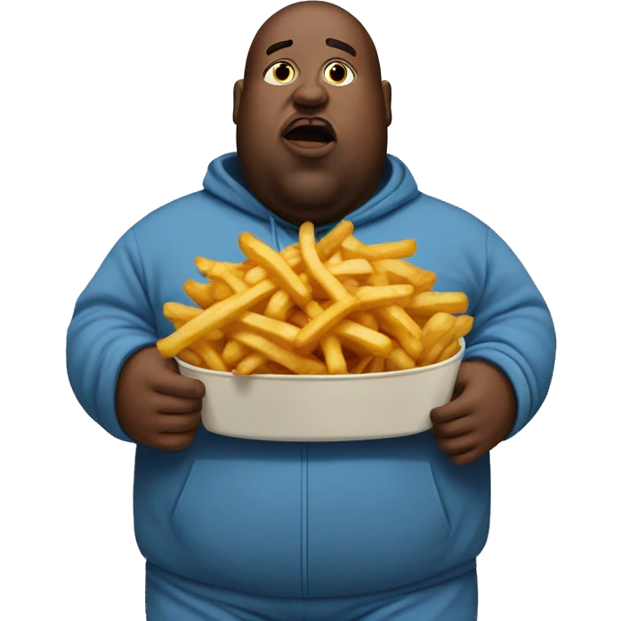 fat man in dirty blue sweatsuit with chili cheese fries in his mouth emoji
