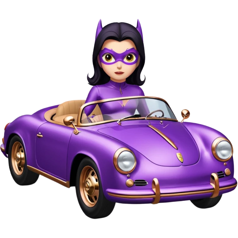 BatGirl driving her satin-black and rose gold 1956 Porsche spider too fast in the country despite the rainy conditions making the tires slippery sliding sideways and her black hair flutter (purple shiny latex catsuit)  emoji