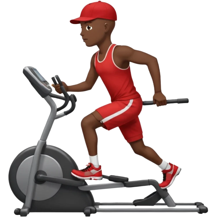 dark skin bald African American man on elliptical machine with red tank shirt and black shorts and backwards facing baseball hatcap emoji
