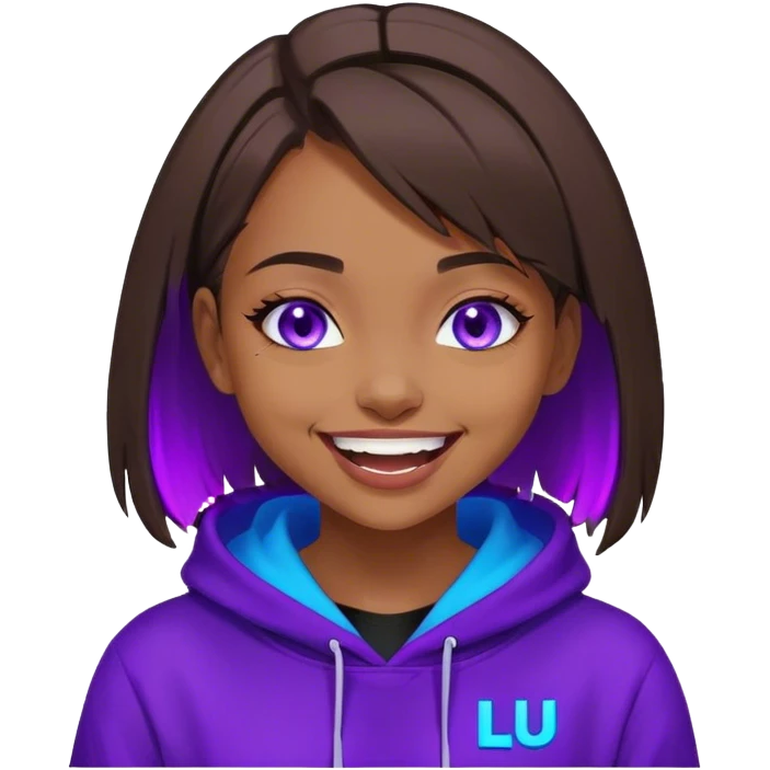 brown haired girl with a bob and blue eyes wearing black hoody with violet letters "Lu", laughs. Cyberpunk style. Violet neon. emoji