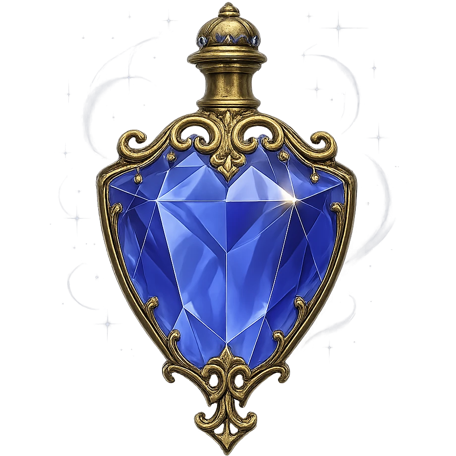 crystal luxurious elixir bottle in shield shape, color #7986cb, lots of shining, edges, ornaments, golden details, magical effects, very small golden neck, transparent background, beautiful seamless base, bottle clearly floating in air, no base or shadow, very luxurious, modern, matching the collection emoji