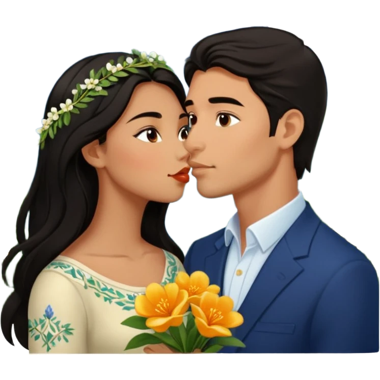 Kissing Couple traveling in Montenegro russian man and elegant  Latina girl delicate flowers and mountains in the background  emoji