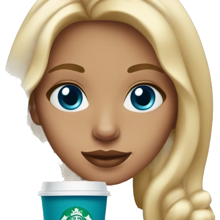 blonde girl blue eyes with Starbucks cup drink emoji