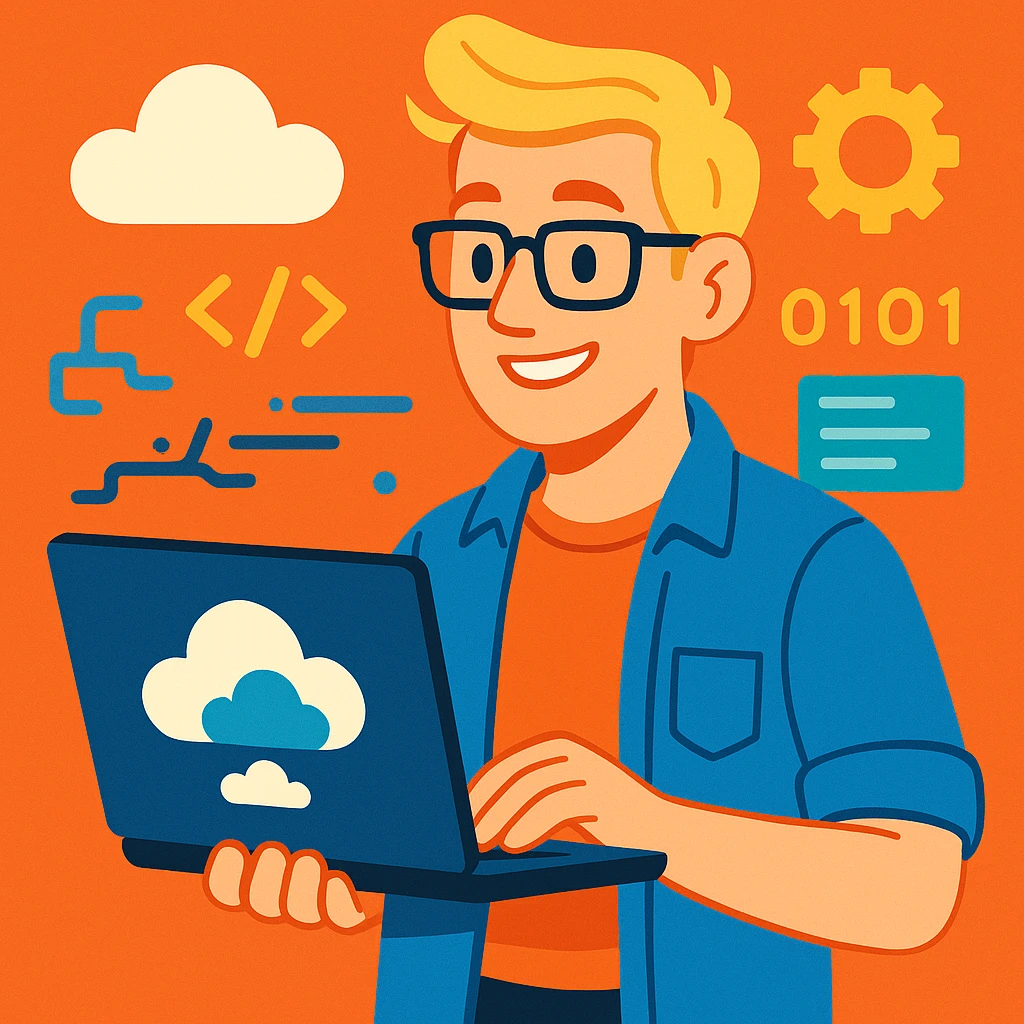 28-year-old Dutch male coder and engineer with blonde hair, working in cloud software, modern cartoon style, holding a laptop with cloud icons emoji