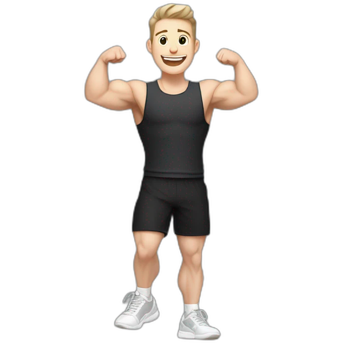 Joyful Celebrating victory Pale skinned Fit Man With the biceps and dark brown hair in black shirt, gray sports shorts and white Sneakers emoji