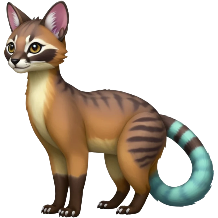 Colorful dark tropical pale light fruity pastel white glorious iridescent divine exotic cute cool beautiful beautiful fantasy-caracal-civet-genet-sergal-vernid-Cacomistle-Trico-oncilla-animal-Fakémon-hybrid-fursona (full body) emoji