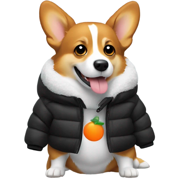corgi wearing a black puffer jacket with a small orange square with white letters "YC" logo on the left chest emoji