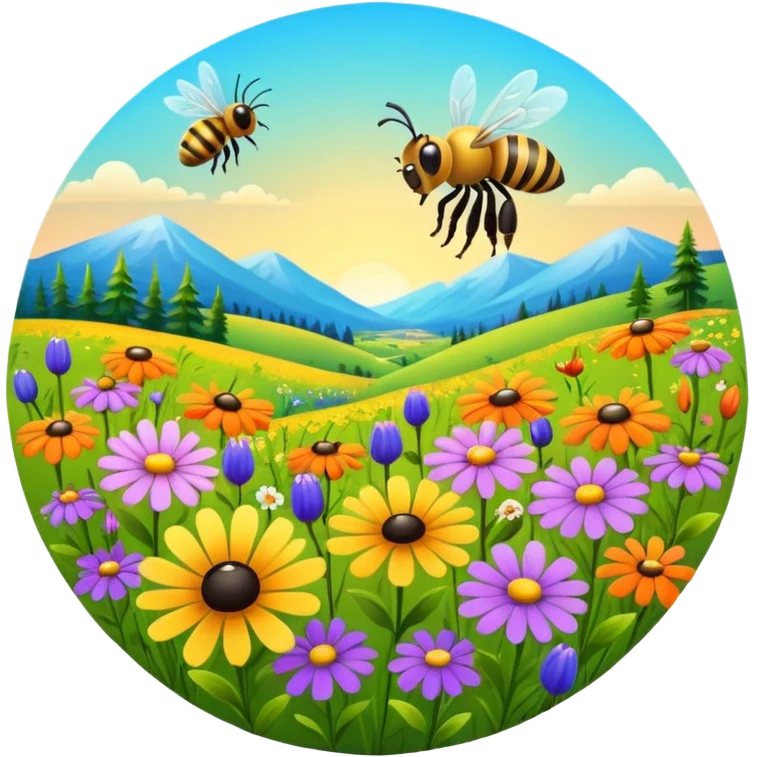 bright meadow full of wildflowers and a bee, rounded shapes emoji