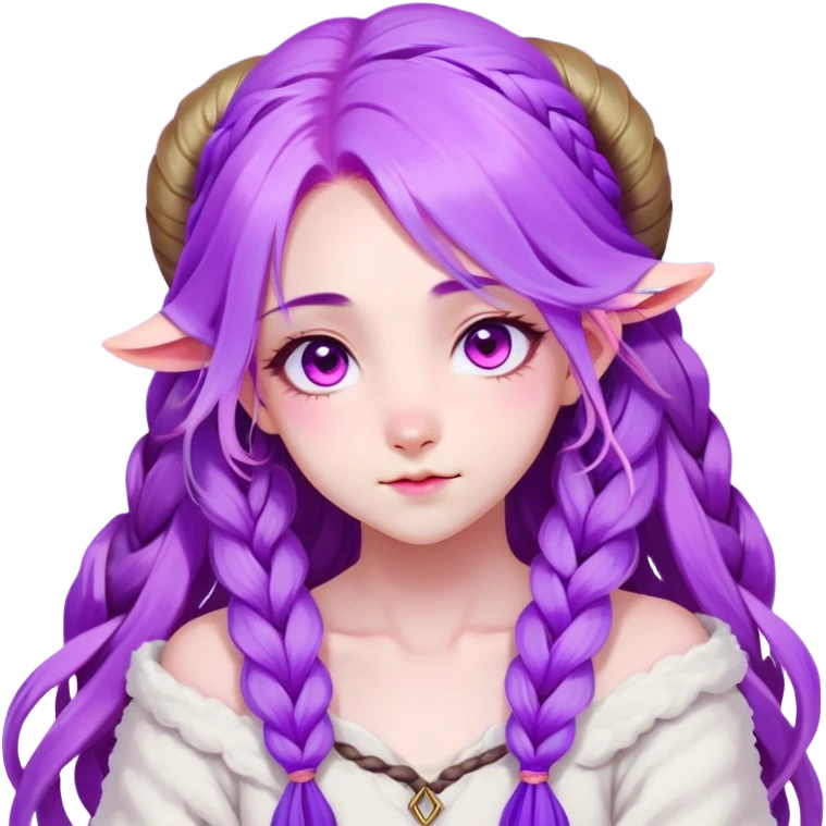 1 girl, long flowing purple hair with braided strands, vibrant and soft color palette, inspired by spirit blossom theme from league of legends, long hair, loose wave straight haircut, sheep horns,
pink eyes, young, skinny, japanese themed, 💕, 🌸, spirit blossom kindred, kindred, league of legends character, shy expression, shy, blush, (pink heart o-ring choker), white t-shirt, (off shoulder) emoji