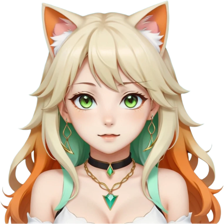 Beautiful gorgeous pretty anime lady, round-big-cat-feline-ears, nekomimi, kemonomimi, long wavy whitish-beige-hair with gradient-orange tips, colorful green eyes with thin slit pupils, black collar, wearing a white bra, gold-brown-Orange necklace, fair skin, Cyan triangle-shaped earrings emoji