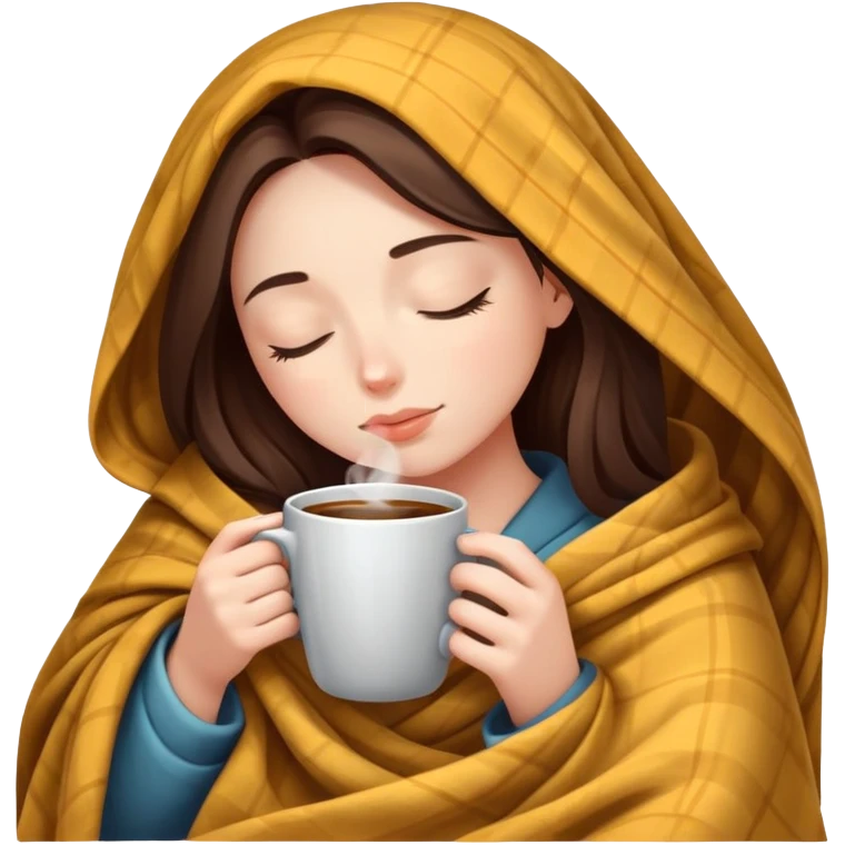 girl inside a blanket sipping coffee eyes closed emoji