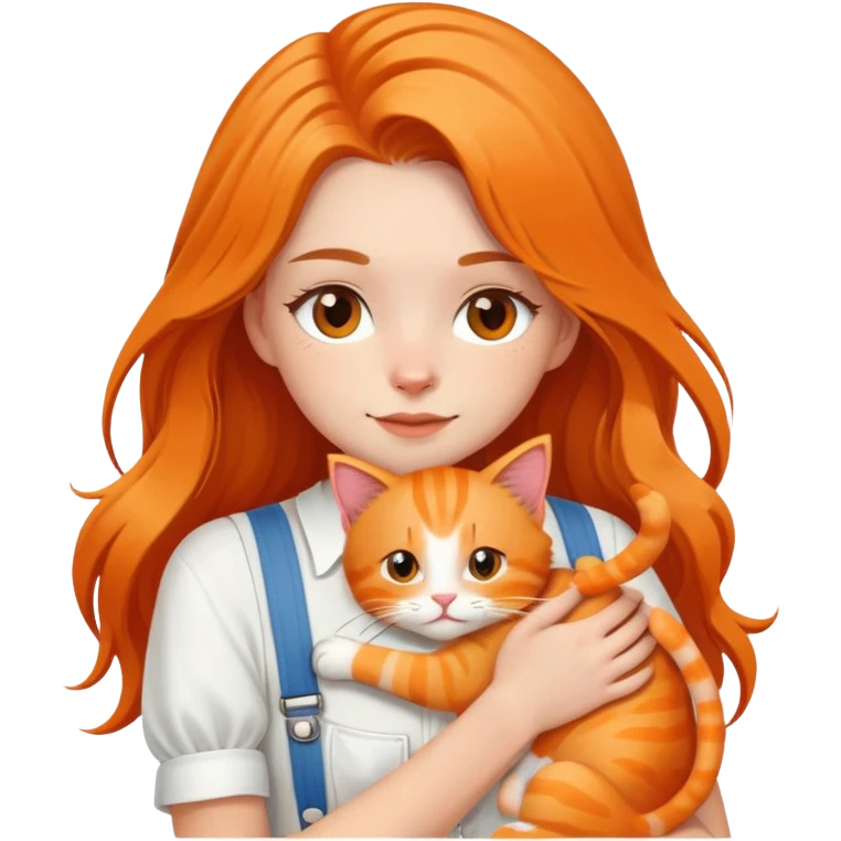 White girl - long hair - white suspenders - hugging - a orange cat emoji