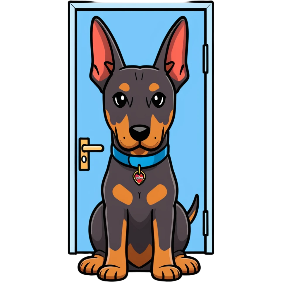 Doberman dog bitch with a name tag with a big fat head guarding the front door the name tag says my name is Bonnie do not enter emoji