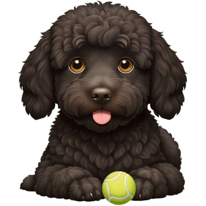 All black labradoodle with white spot on chest, dreaming about tennis ball emoji