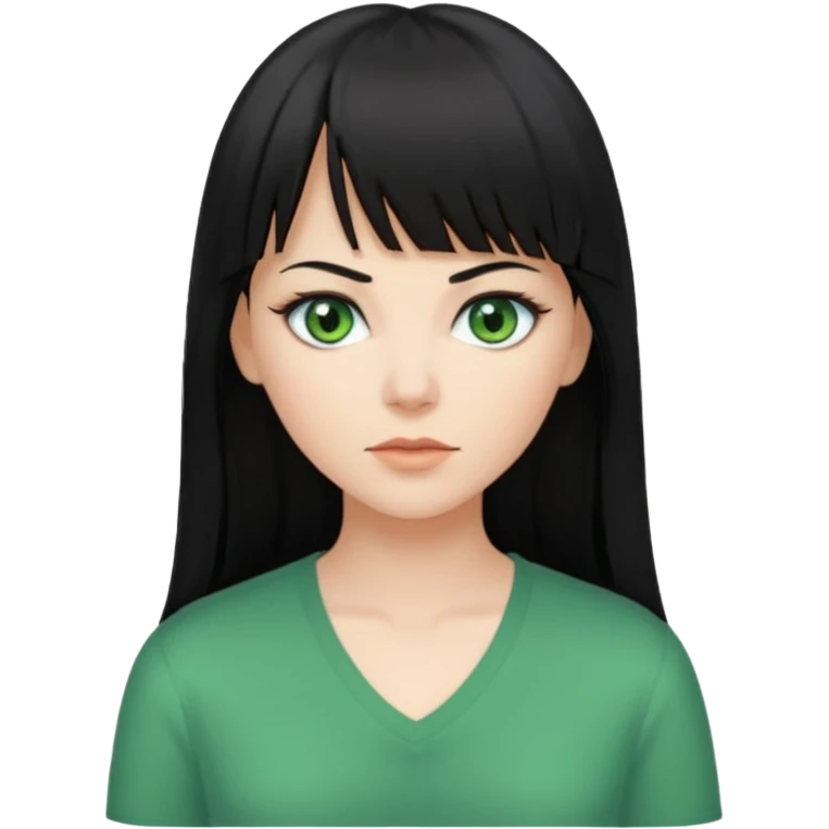 A white woman with Long straight hair with bangs, black hair, green eyes and a low-cut shirt emoji
