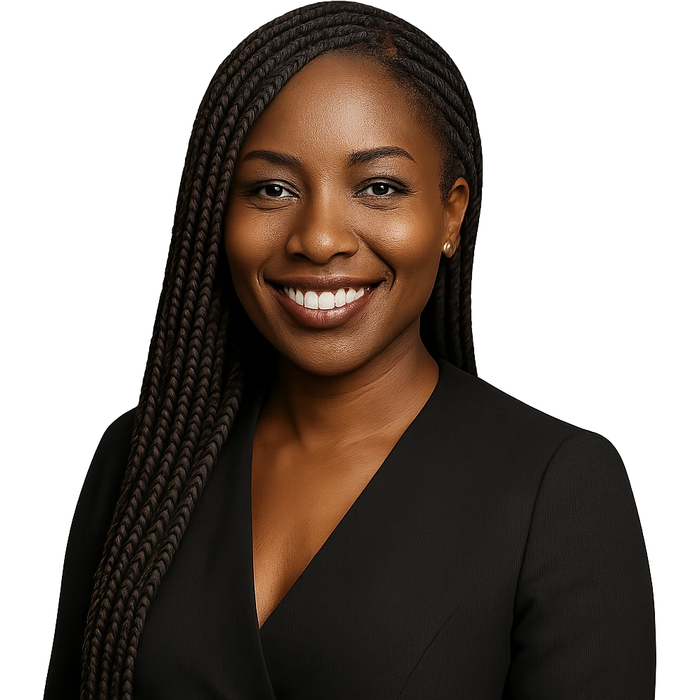 a Nigerian Black woman smiling with braided hair, elegant, warm expression, clear background emoji