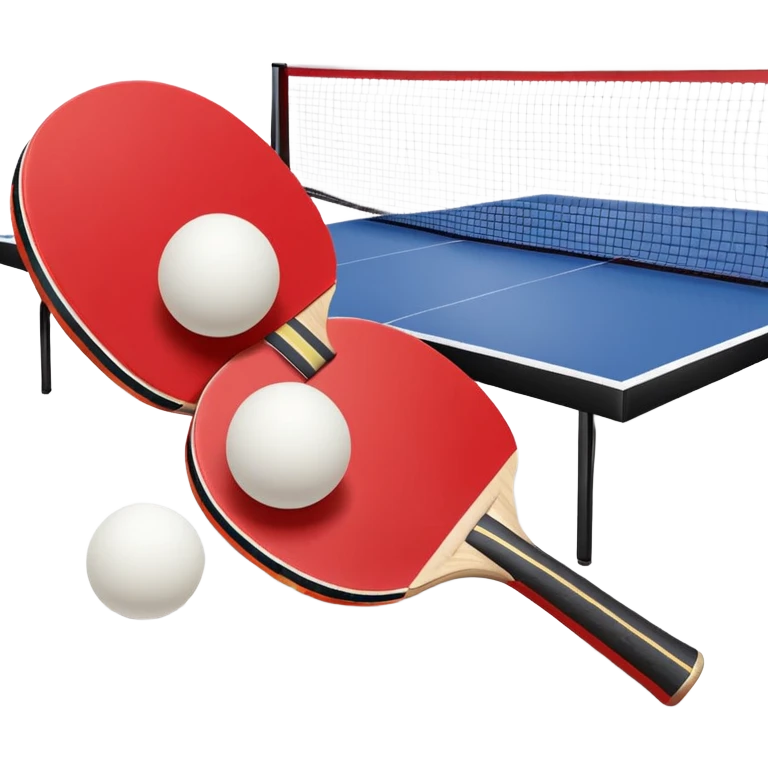 Two table tennis paddles and a ball placed on a ping pong table, with the net in the background. The scene conveys the simplicity and focus of the sport, with vibrant colors highlighting the rackets and ball on the smooth surface of the table. emoji