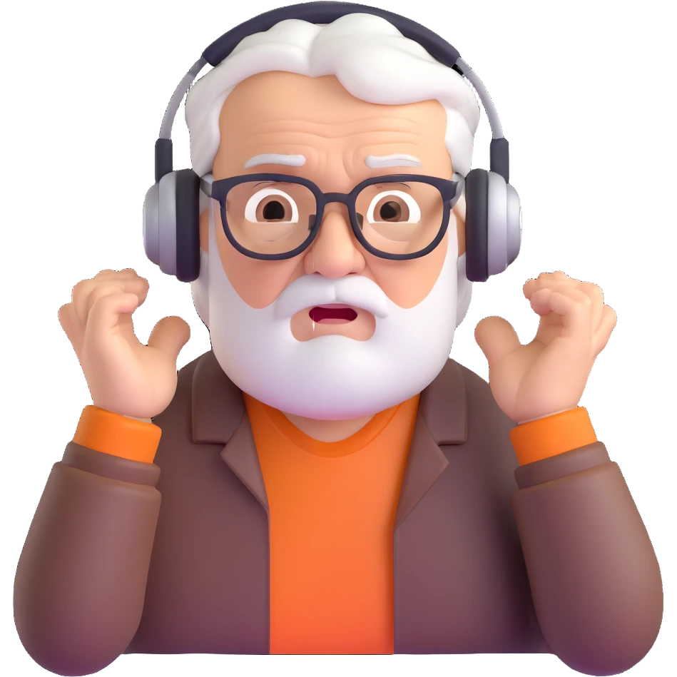 Brown old man with medium white hair, wearing glasses and headphones, looking surprised and angry, no facial hair, chubby, looking to the upper left corner emoji