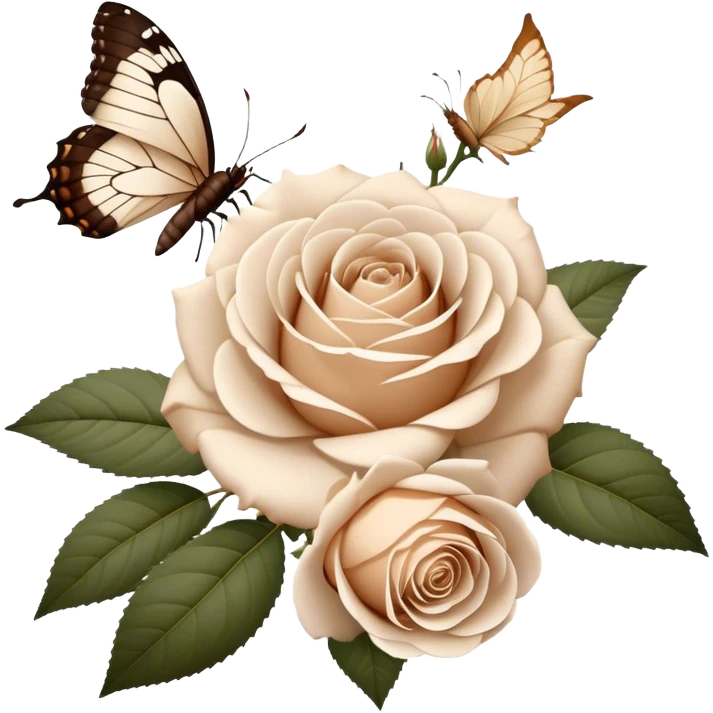 A bouquet of white Ascott tea roses next to a beige aesthetic vintage style leaf and a brown beautiful butterfly emoji