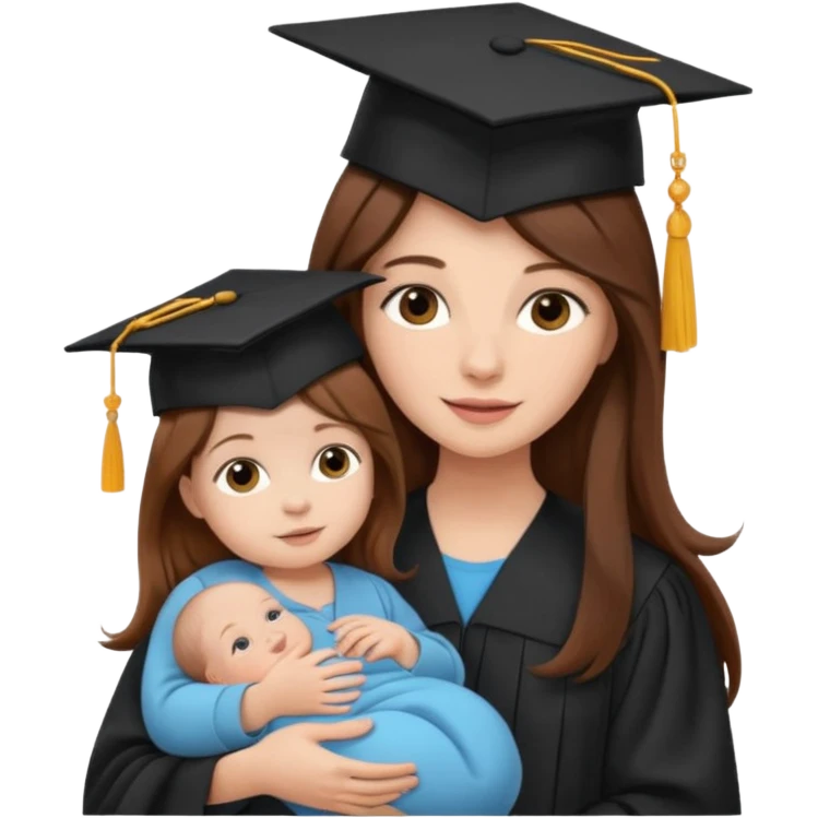 "Woman with long brown hair and fair skin wearing a graduation cap, holding a baby who has a hat and fair skin." emoji