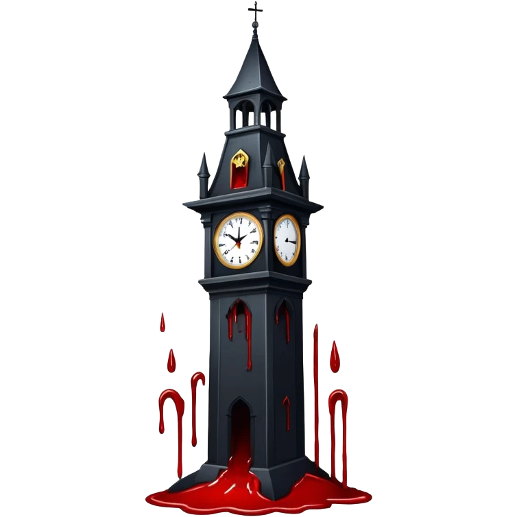 Tall clocktower with blood dripping down from the clock face, spooky night setting emoji