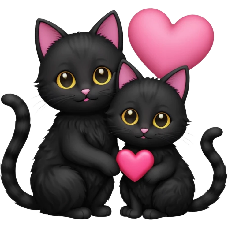 cute two black cats love, pink heart emoji