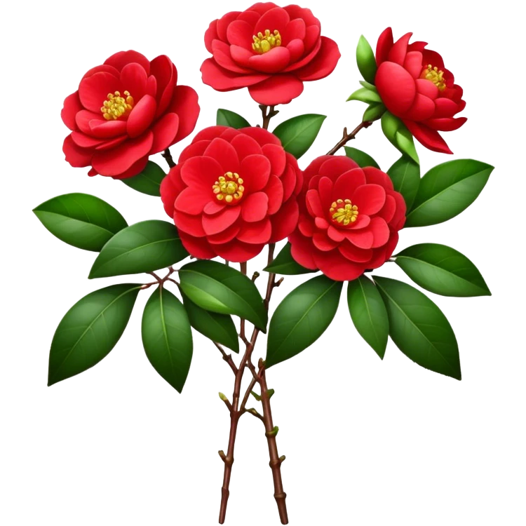 bouquet Red Camellia, luxuriant, stem, leaf emoji