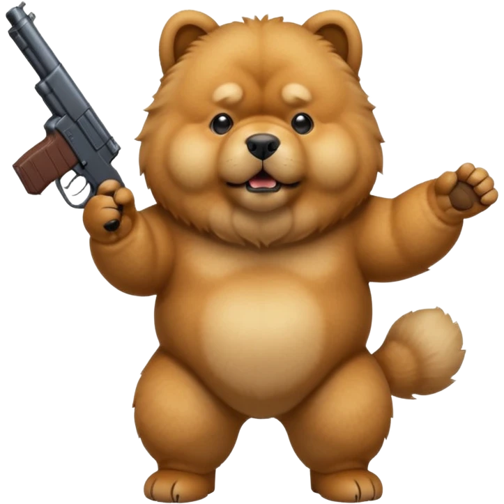 Funny realistic-style chow chow dog with light fur standing on its hind legs and holding a gun menacingly emoji