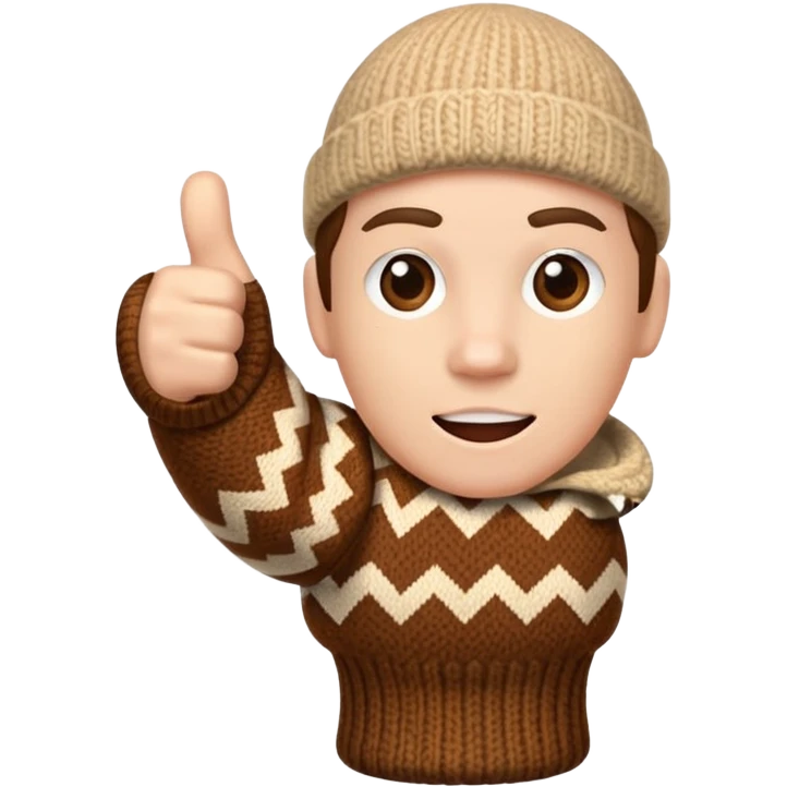 thumbs up fist in brown knit mitten with zig-zag beige pattern emoji