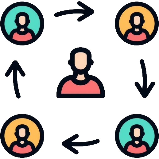 Management system with feedback loops, circular arrows connecting documents and people, business process with data flowing back emoji