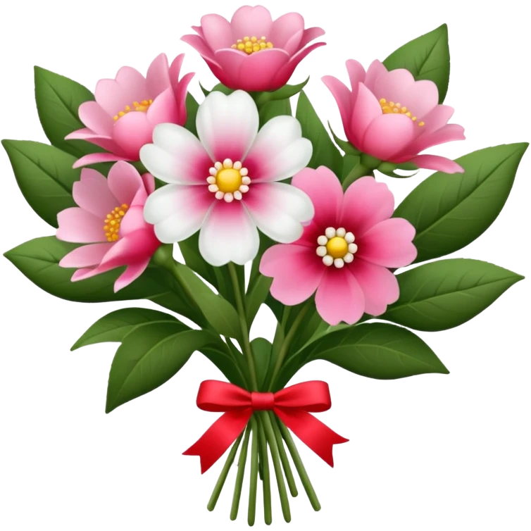 One pink flower and one white flower in transparent bouquet with red band  emoji
