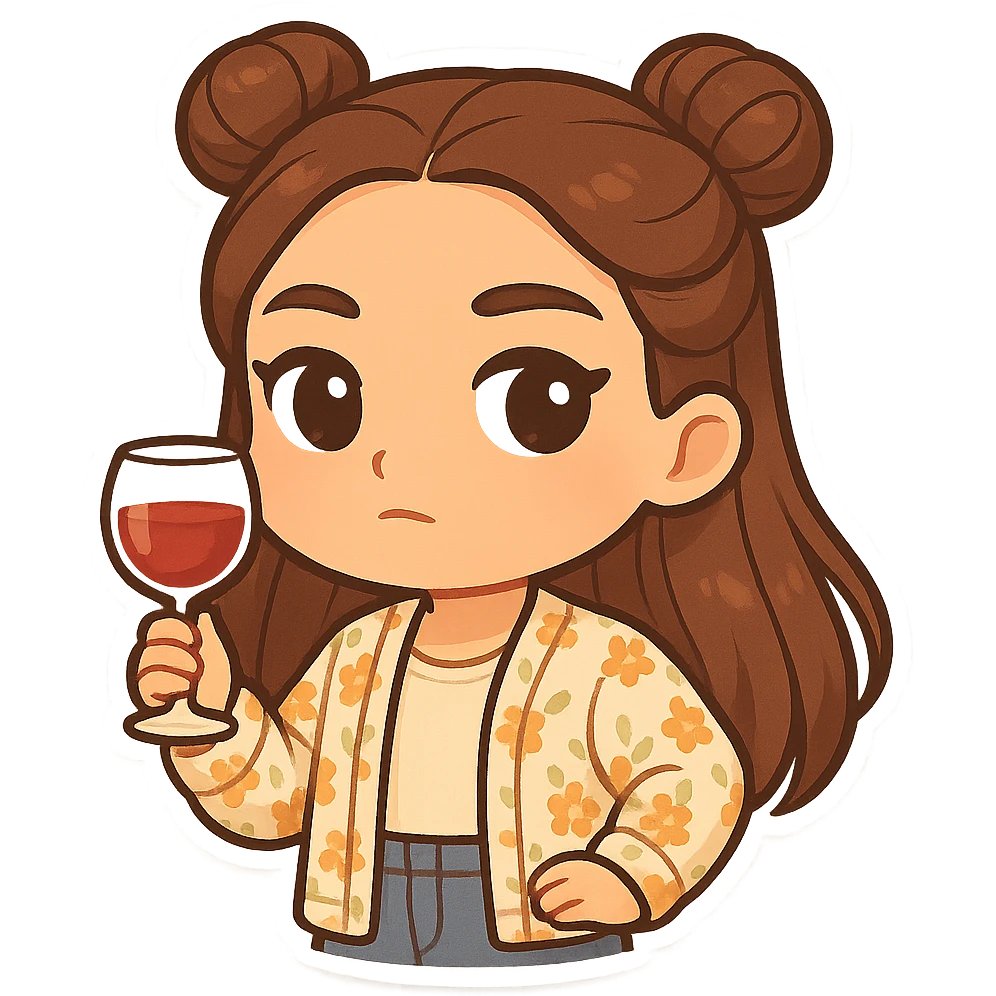 Create a chibi sticker of the girl from the reference image. She has brown straight hair styled in double buns, brown eyes, wearing a pastel floral cardigan and jeans. She is holding a glass of wine, looking important and posh. The sticker should have a white outline and a transparent background, sized 512x512px. emoji