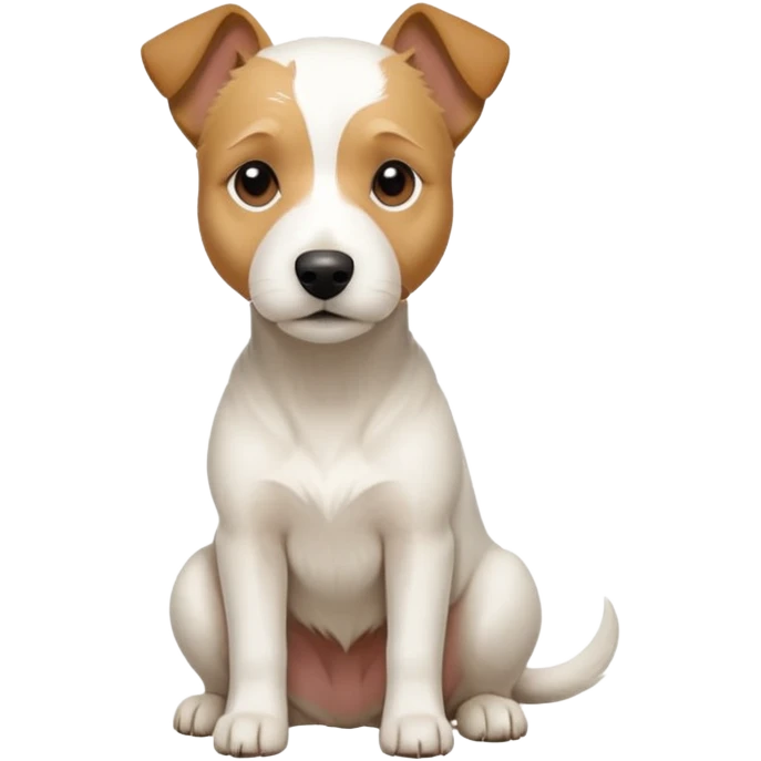 a full body facing front on of a buff white parson russell terrier looking dog the size of a kelpie with light brown long ears resting on its face and a light brown patch above one eye and a large snout. the rest of the dog is completely white.  emoji