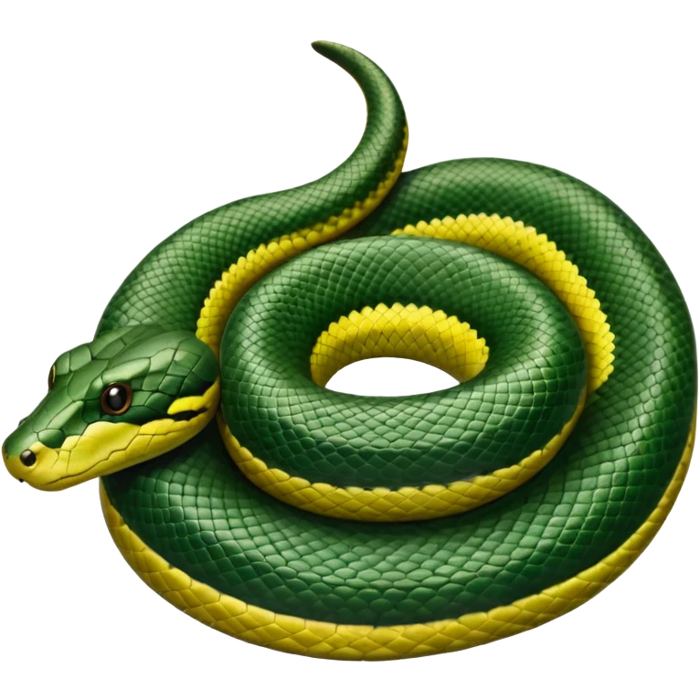 A photo-realistic top-down view of a Green Anaconda tightly coiled in a spiral, with its broad, flat head resting at the center. Its thick, muscular body is olive-green and covered in symmetrical, bold black oval spots that stand out against its smooth scales, creating striking natural camouflage. emoji