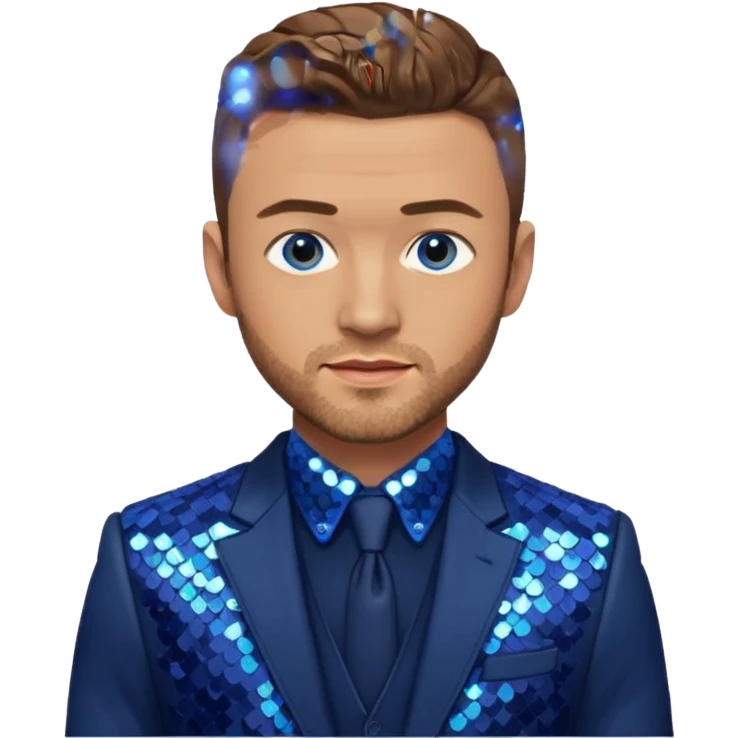 Justin Timberlake with light brown hair, blue eyes, sequin navy blue suit jacket emoji