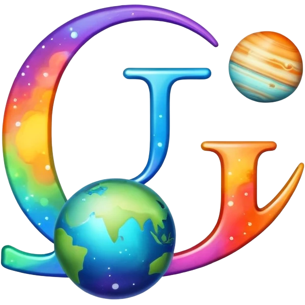 letter J with colorful planets orbiting around it emoji