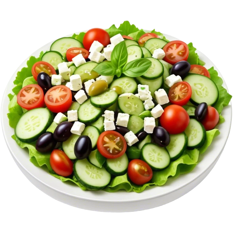 Cinematic Realistic Greek Salad Dish Emoji, depicted with crisp lettuce, tomatoes, cucumbers, olives, and feta cheese rendered with vibrant textures and fresh, natural lighting. emoji